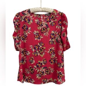 Sharagano Floral Printed Blouse Ruched Sleeves Size Large